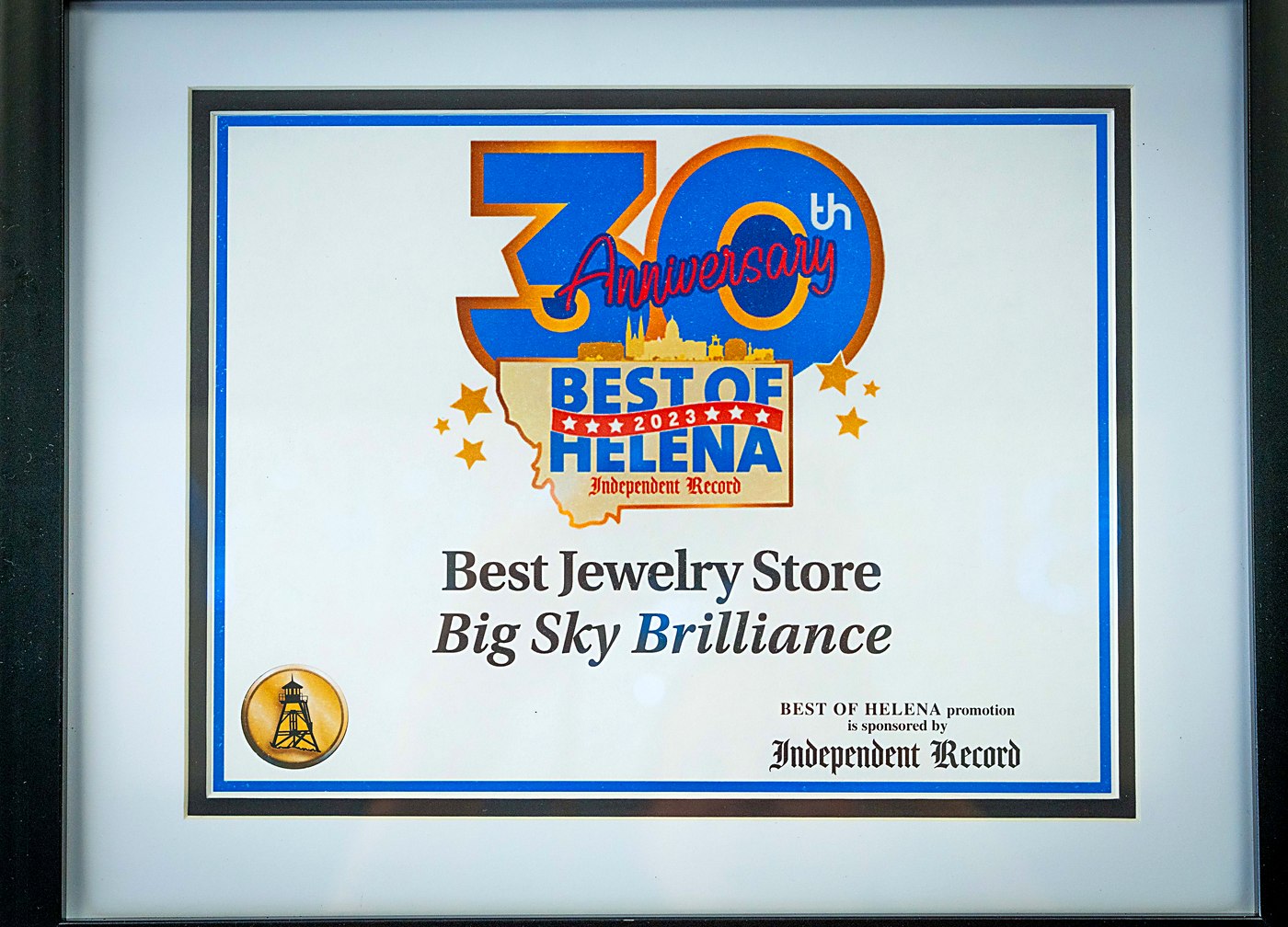 Best of Helena 2023 award plaque: Best Jewelry Store, Big Sky Brilliance